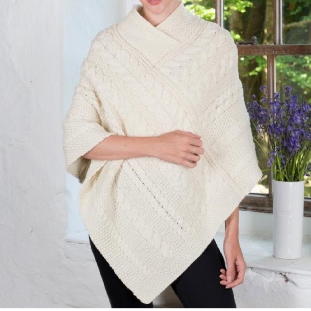 Inis Crafts Merino Wool Sweater Poncho in Cream